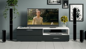 Тумба под ТВ Ларго 1,4, цвет корпус белый/фасады МДФ чёрный глянец, ШхГхВ 140х46х35 см., НЕ универсальная сборка в Кургане - kurgan.mebel24.online | фото 12